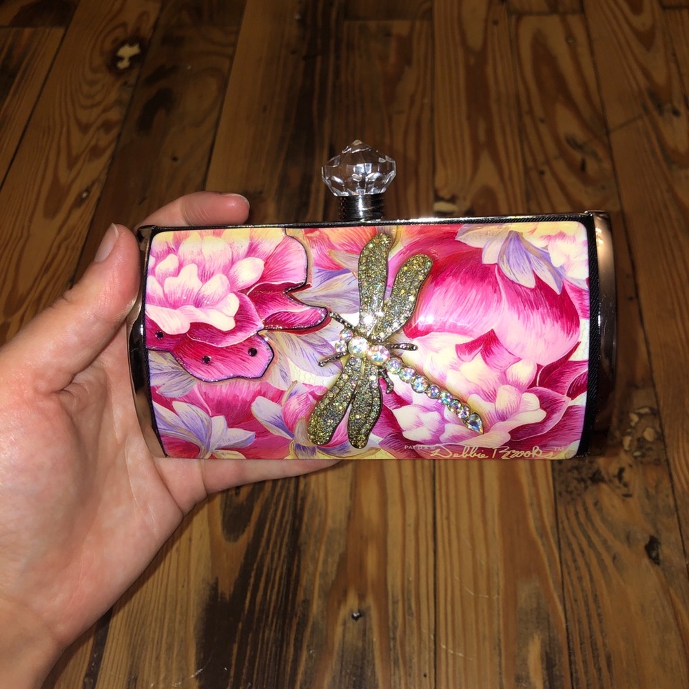 Debbie Brooks Pink dragonfly clutch with crystals